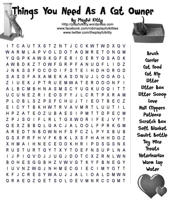 Things You Need As A Cat Owner Word Search